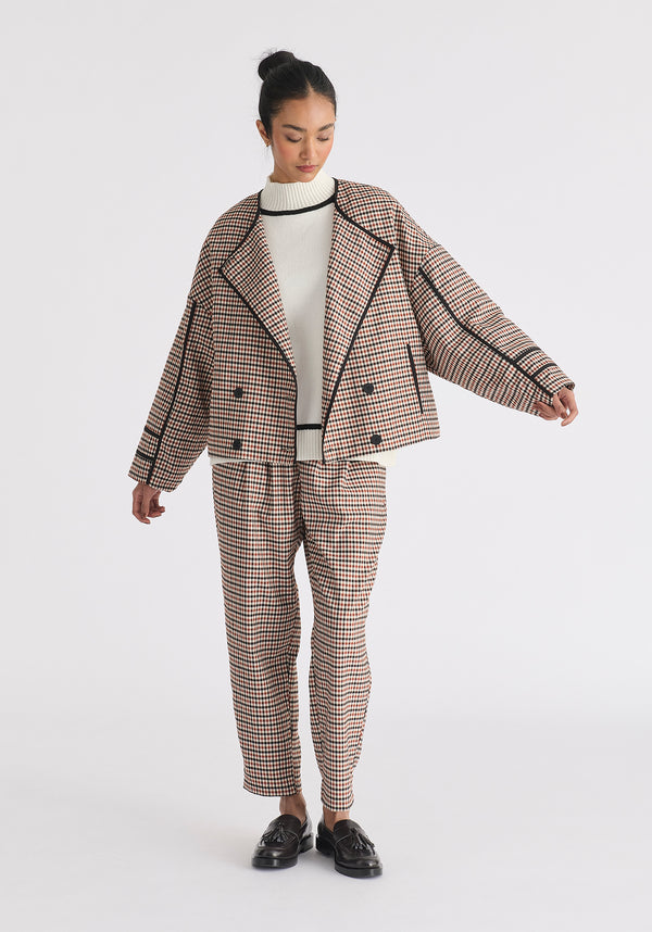 Double Breasted Check Jacket with Matching Scarf in Red, White and Black Front